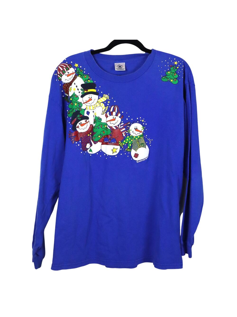 Vintage 80s Blue Christmas Sweater Cotton Snowman Puff Paint Delta Pro Weight L
